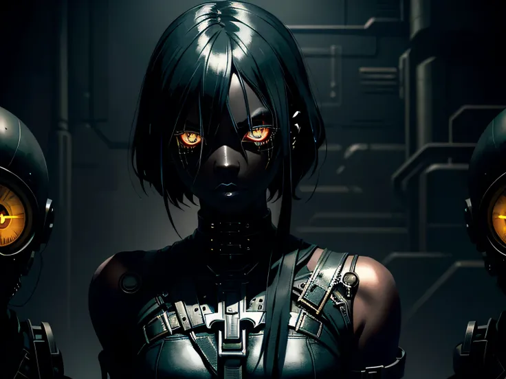 ((dark dieselpunk art)), (minimum light), hopeless demon girl, Black skin, dark Black skin, Ashen skin, black Ashen skin, many metal staples in the body, Metal hair, empty black, dark black empty eyes, (Less clothing), piercing, Dark lighting, (cold light)...