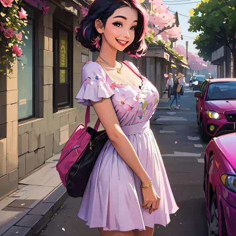 full body photo ,Masterpiece: 1.2, best quality, 1girl, field of plumeria, vibrant, (happy:1.4),colorful details,ultra detailed,detailed lighting,((inspired by Hayao Miyazaki)),official art, pink flowers, laying on flowers, big smile