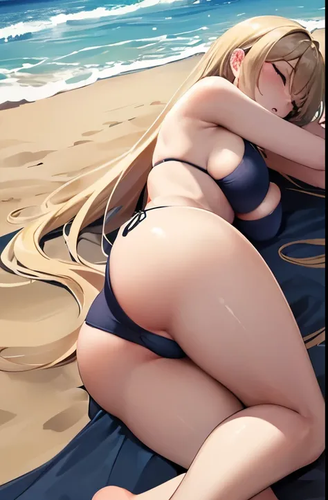 (ass focus:1.5),(20 years old women:1.1),blonde staright long hair,closed eyes,(Fainting:1.3),medium breasts,(dark blue bikini bottom:1.2),(lying on side:1.4),clear sky,on sand