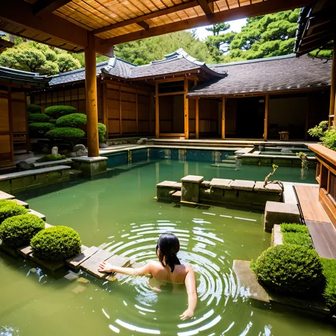  A woman is embarrassedly seen naked in a mixed bath　japanese hot spring, high-end hot spring, hot spring, Japanese public bath, Japanese shrines waterfall, japan nature, luxurious hot springs, Japanese shrines, japanese temple, lush japanese landscape, ky...