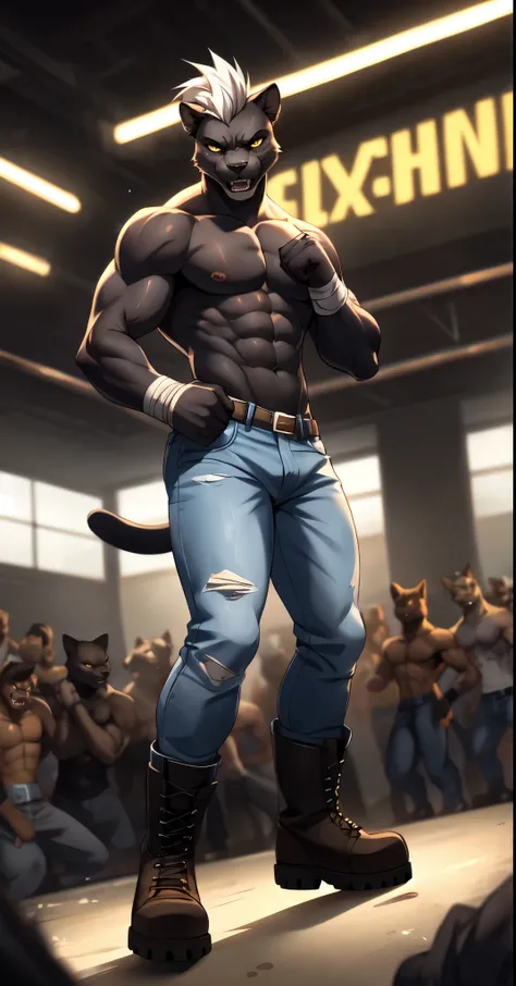 By fumiko, by hyattlen, solo, black panther male, masculine, muscular, black furry body, black cat ears, cute snout, black cat nose, yellow eyes, white hair, faux hawk hair, shirtless, bruised body, denim skinny jeans, brown timberland boots, snarling, fur...