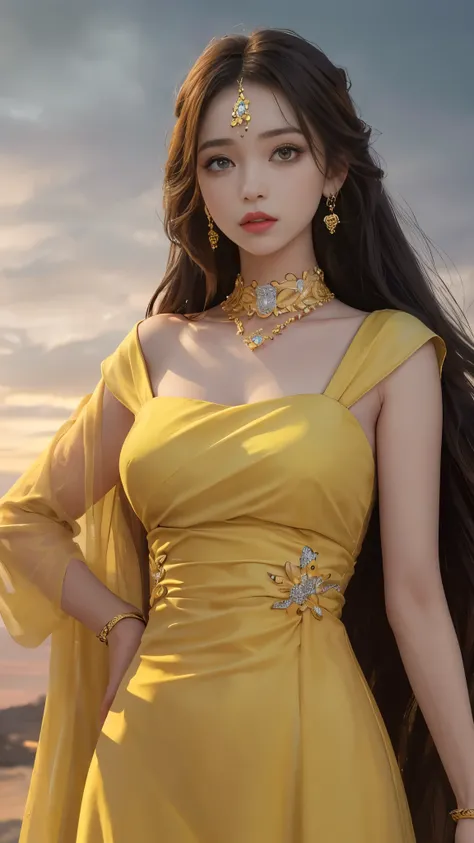 8K, Ultra HD, HD Color, ​masterpiece, 1 girl, Luminous Eyes, detailed lips, ultra long hair, (rob yellow dress:1.5), (jewellery:1.5), Super artistic cloudy sky background, sun Shining,