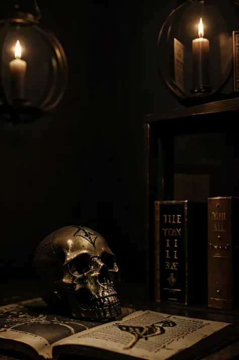 paysage macabre photo d&#39;a black magic book on table Skull flask with blood necromancy theme occult symbol