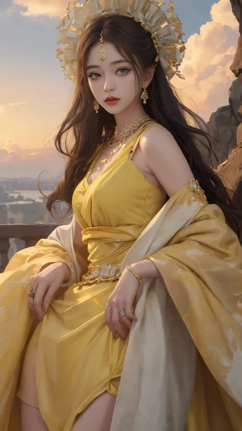 8K, Ultra HD, HD Color, ​masterpiece, 1 girl, Luminous Eyes, detailed lips, ultra long hair, (rob yellow dress:1.5), (jewellery:1.5), Super artistic cloudy sky background, sun Shining,