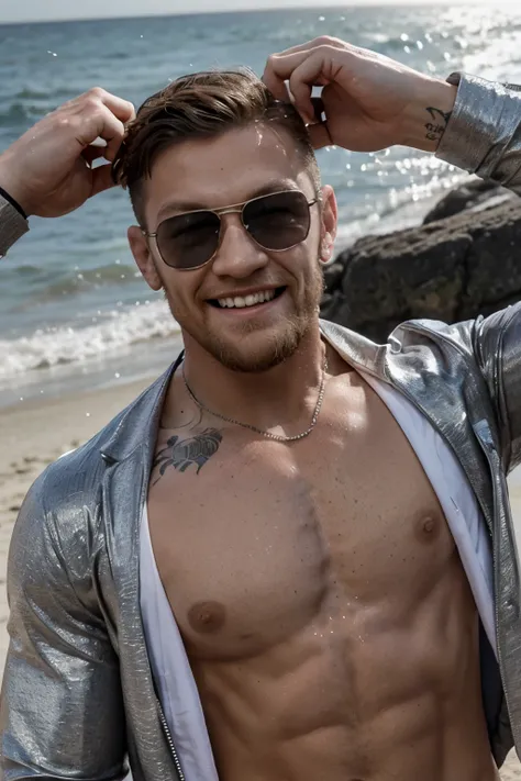 muscle conor mcgregor smiling in shades, in tight gray shiny speedos, manspred on the beach. hands over head