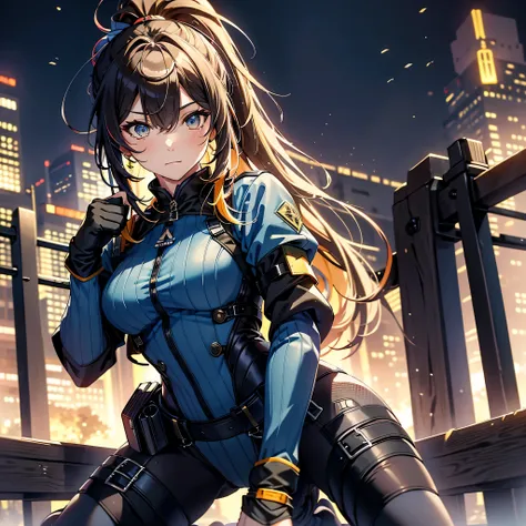 highest quality，T Masterpiece，final solution，Fluffy，非常にcolorful，colorful，female combatant，（kneeling pose）（pointing at your ass）mature woman，dark blue high knot ponytail、tight combat uniform，tight suit，steel city background，night，normal posture，normal postu...