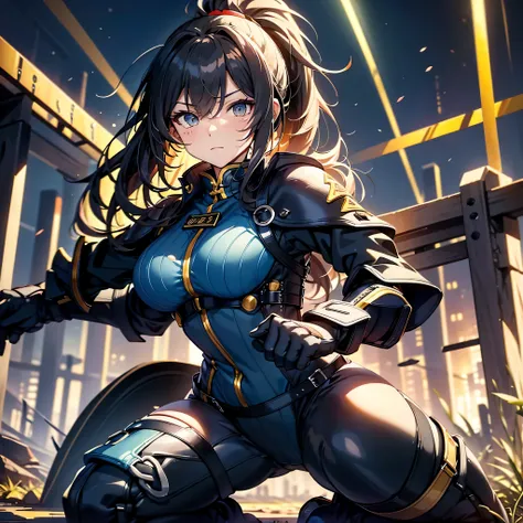 highest quality，T Masterpiece，final solution，Fluffy，非常にcolorful，colorful，female combatant，（kneeling pose）（pointing at your ass）mature woman，dark blue high knot ponytail、tight combat uniform，tight suit，steel city background，night，normal posture，normal postu...