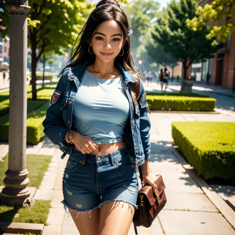 (best quality,4k,8k,highres,masterpiece:1.2),ultra-detailed, female Peruvian college student, s0f14v-v2, tubetop, denim jacket, hotpants, strutting around campus with confidence, proud smile, purse with shoulder strap, HDR, 8k, absurdres, cinestill 800, sh...