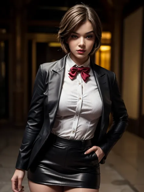 (absurdres, highres, ultra detailed), masterpiece, arafed woman as ada wong (resident evil), ((solo)), short hair, 1girl, skirt suit, tuxedo, black jacket, waistcoat, black bowtie, bodycon skirt, black clothing, miniskirt, closed mouth, standing, (((detail...