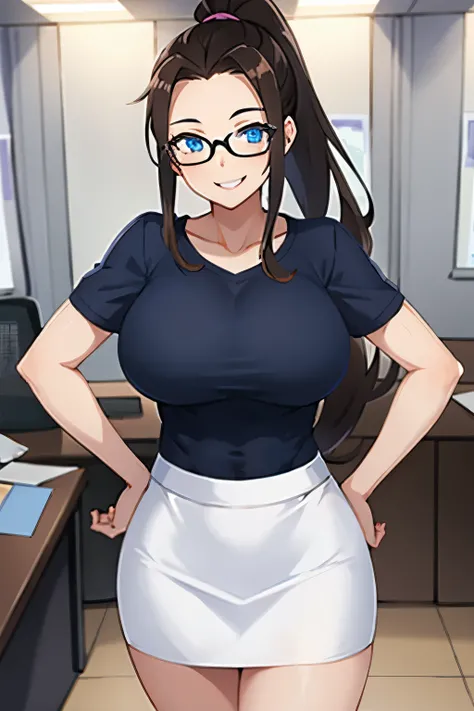 one girl, long hair, dark brown hair, blue eyes,big breasts,forehead, strong abs, glasses, ponytail,(happy smile), white shirt, black tight skirt,office, standing, hands on hips, pov from front