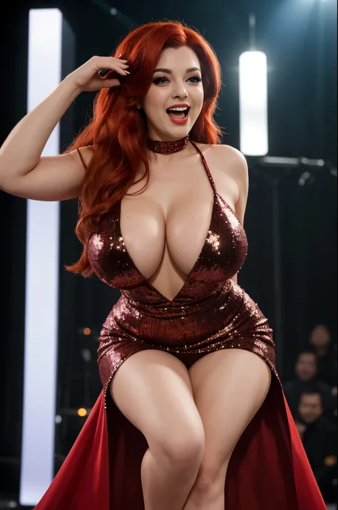 (best quality,masterpiece:1.2),ultra-detailed,realistic,cosplay,Jessica Rabbit (movie character),convention,awkward strip tease,big breasts,voluptuous curves,chubby thighs,costume details,vibrant colors,funny expressions,large stage,dazzling lights,amused ...