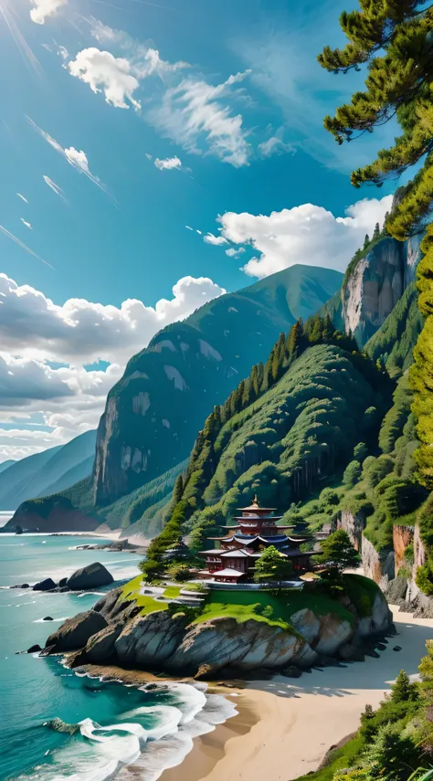 a serene mountain monastery surrounded by breathtaking scenery, encouraging introspection and tranquility. A hidden island cove, with a village nearby, verdant green mountains in the distance, brilliant blue aquamarine sea, with waves breaking on the shore...