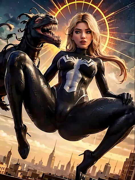 4K，realistically，charming，very detailed，There is a girl in Dingcheng，，Wearing black Spider-Man costume，（black and white：1.4） night,symbiont，poison，lots of mucus,She is a hero，Black superhero theme，in front of the sky，complexion，( spread legs， camel toe，， v...