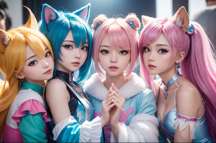 (Top Quality, 8k), A K-Pop Boy Band Transformed into My Little Pony Characters, Ultra-Detailed CG, Stylized Manes and Tails, Bright Colors, Clear Skin, Expressive Eyes, Playful Poses, ((Costumes: 1.2)), ((Isometric Angle)), ((Blurred Background)), ((Lookin...