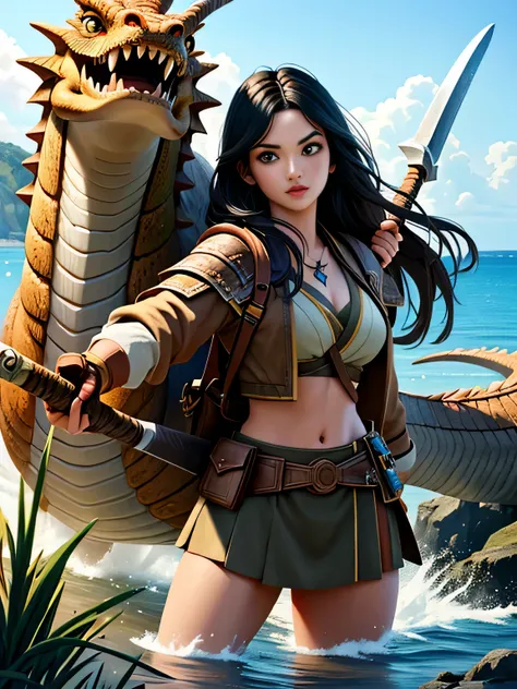 highest quality,Super detailed,masterpiece,realistic,Photoreal,bright lighting,Monster Hunter Frontier、In front of a giant fire-breathing dragon、Female warrior in bikini preparing for battle、Beautiful woman、Long black hair flutters、A big ax in her hand、Vas...