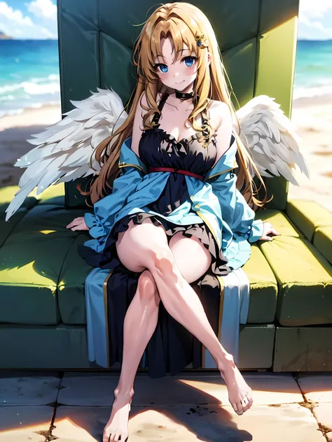 menina anjo:1.2, garota de asa, menina com asa branca, Rise of the Shield Hero, cabelo loiro, Cabelo longo, olhos azuis, Vestido branco puro:1.4, bare feet, QUEBRAR linda asa, asa perfeita, BREAK sitting on the floor with your pernas cruzadas, sentado com ...