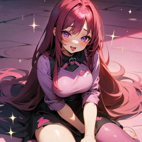 cute anime girl, dark red long hair, violet eyes, sparkle hearts in her eyes, a lot blush, tongue a bit out with a little open mouth, sitting on the ground, a pink collar with a black leash on her