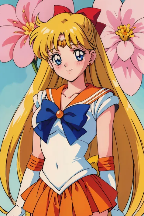 1990s (style), 1990s anime cels style, big eyes, best quality, high resolution, MinakoAino, bangs, (sailor Venus ,hair bow, elbow gloves, neck ribbon, bangs, long hair, circlet, jewelry, flower earrings, orange sailor collar), blush, smile, orange skirt