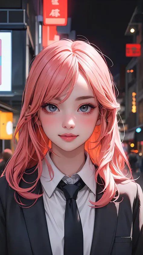 1girl, long pink hair, red horns, white collared shirt, black necktie, light smile, yellow eyes, corneo_power,, buildings,shops,town streets, dark sky, scenery,neon signs,night city, japanese lyrics,, , absurdres, detailed eyes, extremely detailed, volumet...