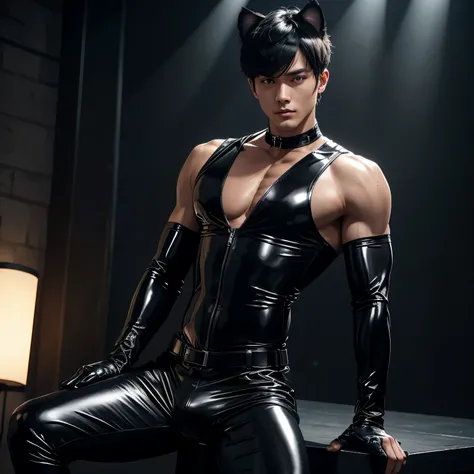 thin waist, wide shoulders，Slender legs，short hair，Song Weilong wears black latex clothing，Wearing black latex gloves，abdominal muscles，Full body appearance，chest muscles，sports student，no beard，no body hair，Black leather boots，no chest hair，No beard，Abdom...