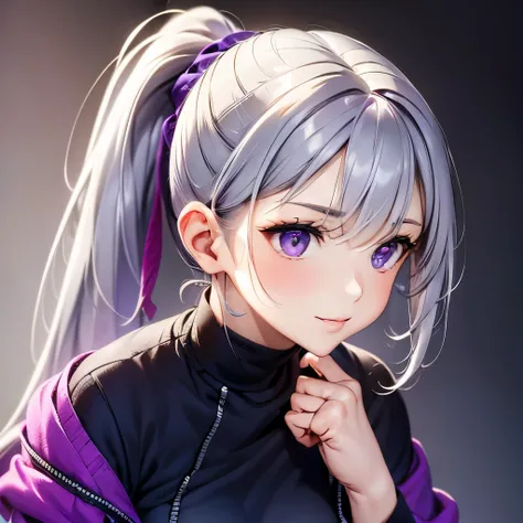 best quality, masterpiece,gray hair, purple eyes, upper body,colorful background,1 woman,ponytail