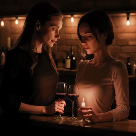 2 different girls drinking wine in a dark bar that looks very dark inside while having their clothes on. realistic candle light,...