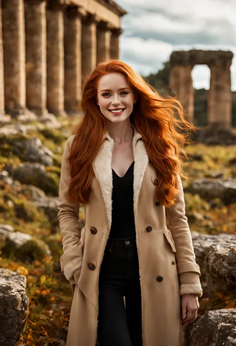 8k, RAW photography of Madelaine Petsch, winter beige jacket with fur and black jeans, full body shot, long ginger hair, posing aroynd roman ruins, (((autumn))), walk along ancient ruins, the dominant colors are brown, white, and black, with the accent col...