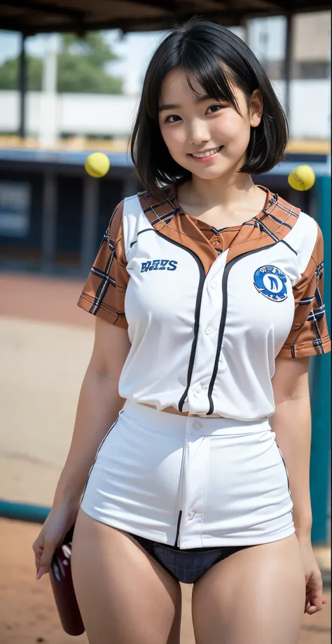 （8K、Raw photography、highest quality、masterpiece：1.2),(black hair、very short hair:1.9),show viewer,Looking at the front,erotic,白いskin,(wearing a blue and white softball uniform:1.6)、(Clothing that emphasizes the shape of your chest、publish one&#39;skin:1.5)...