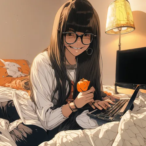 Anime girl with long brown straight hair and bangs and glasses playing games on her pc in her bedroom next to her orange cat