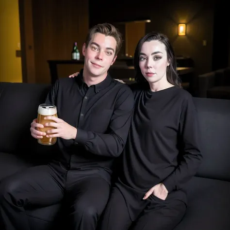 2 men with beer in their hands and 2 different girls in the background in a dark villa with beautiful couches that looks very dark inside while having their clothes on, aperture f/2.8, photorealistic 1.4, nice 1.4, at night, rembrand light