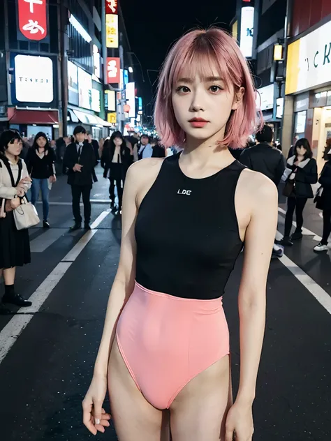 ((wearing neoncolor leotard and skirt)), // Bewitching eyes, well-balanced eyes, //street snap // ((facing viewer)), //at the street in tokyo, //japanese lady, pale skin, //droopy eyes,//short pink hair, //((standing)), high quality:1.3, Professional light...