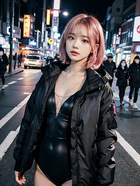 (((wearing black long Down jacket ))), ((wearing neoncolor leotard)),// Bewitching eyes, well-balanced eyes, //street snap // ((facing viewer)), //at the street in tokyo, //japanese lady, pale skin, //droopy eyes,//short pink hair, //((standing)), high qua...