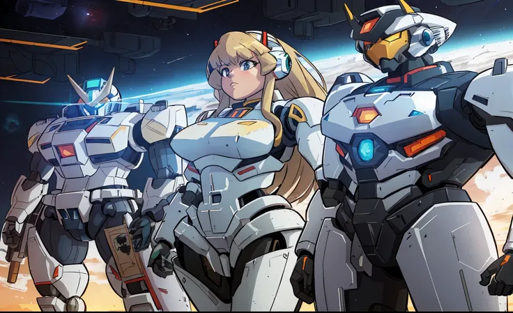 anime characters standing in a line in front of a planet, modern mecha anime, ferra white mecha, mecha anime, modern sci-fi anime, girl in mecha cyber armor, mecha suit, mobile suit, anime mech armor, sci fi anime, sci-fi anime, cool mecha style, by Krenz ...