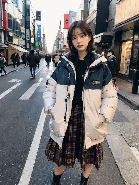 (((wearing Down jacket ))), wearing multicolor long skirt, plaid super big stall,// Bewitching eyes, well-balanced eyes, //street snap // ((facing viewer)), //at the street in tokyo, //japanese lady, pale skin, //droopy eyes,//short hair, //((standing)), h...