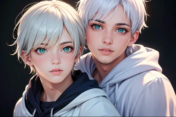 (best quality, highres, realistic:1.37), 1boy, white hair, light green eyes, wearing blue hoodie, plump lips, bashful, vivid colors, sharp focus, portraits, soft lighting