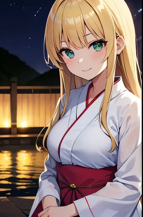 20 years old women,blonde staright long hair,green eyes,medium breasts,yukata,onsen,light smile,midnight sky,