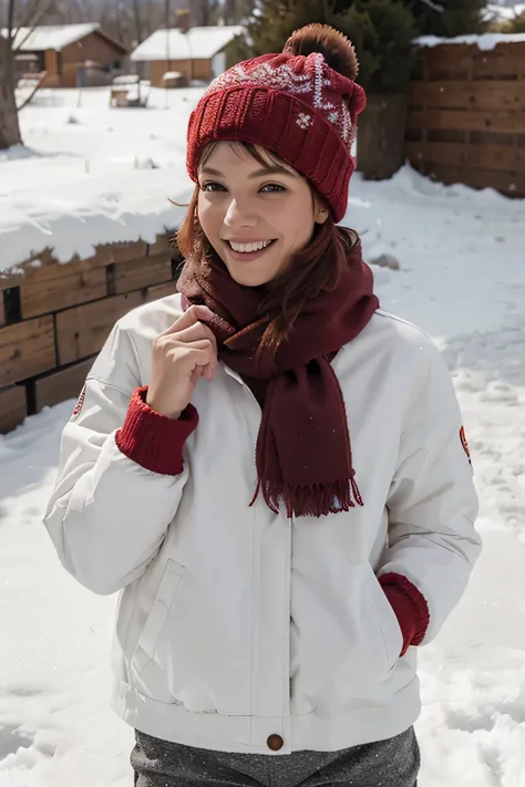 1 chicas, solo, invierno, red short hair, gorro, chaqueton, chaquton, pantalones de nieve, frio, jugando con la nieve, sonriente
