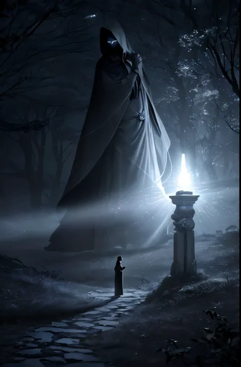 (a person wearing a) space gray cloak, shadow, (with) detailed folds, (a) mysterious aura, (a) gleaming silver clasp, (a) moonlit night, (with) ethereal mist, (a) majestic forest, (a) hidden path, (with) flickering candlelight, (a) sense of anticipation, (...