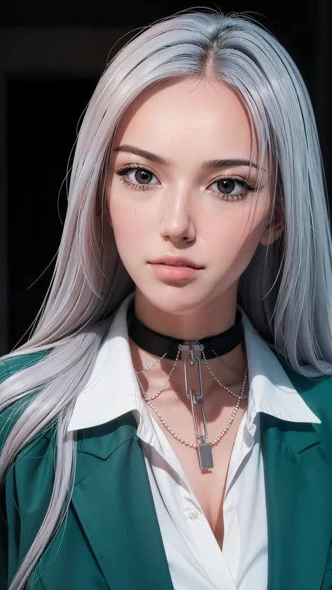 simple white background,
school uniform, green jacket,white collared shirt, black choker,
chained,jewelry,
white hair,long hair,...