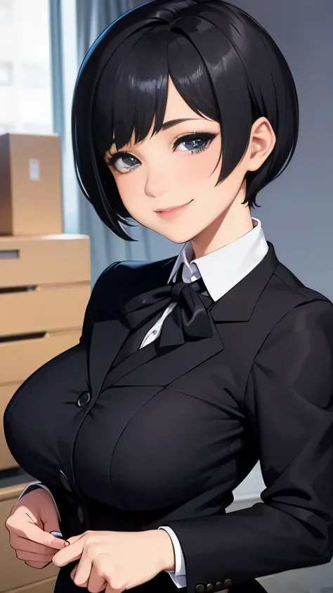 Beautiful busty office worker in suit, (Black Short-Cut Hair:1.3), 24 years old, Smiling and gentle face
