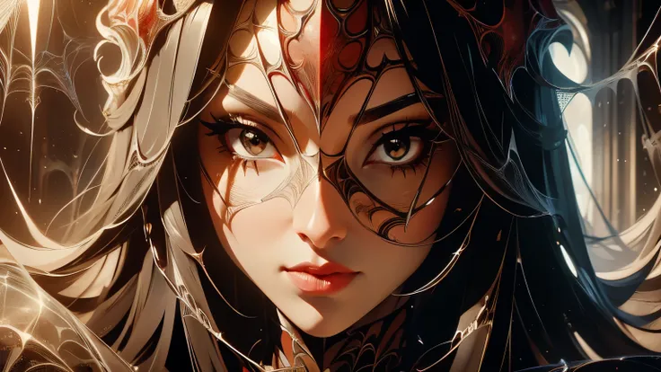 (best quality), (high detail), (1girl), (Close up), (headshot), (detailed spiders web),A close up of a beautiful woman looking through a spiders web, (web 1:1), (spiders), (Black an White), (arachnid),HDR, 4K, 3D.