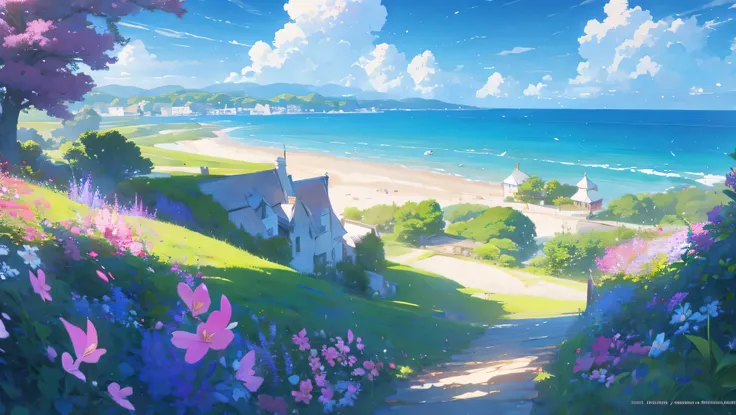 BRIDGERTON PALACE painting of a beach with flowers and a cliff in the background, beautiful wallpaper, flowers sea everywhere, ross tran. scenic background, beach landscape, beautiful art uhd 4 k, anime beautiful peace scene, beautiful beach, beautiful ani...