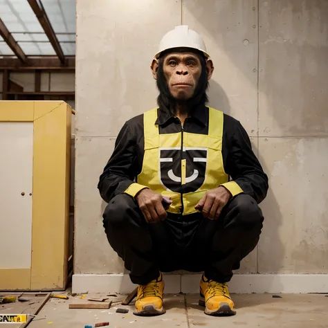 Imagine a chimpanzee with exceptional skills as a construction painter. Create an illustration that shows it in action, applying your artistic skill to beautify structures or walls in a construction environment. Detalla su equipo y herramientas de trabajo,...