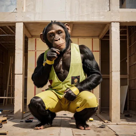 Imagine a chimpanzee with exceptional skills as a construction painter. Create an illustration that shows it in action, applying your artistic skill to beautify structures or walls in a construction environment. Detalla su equipo y herramientas de trabajo,...