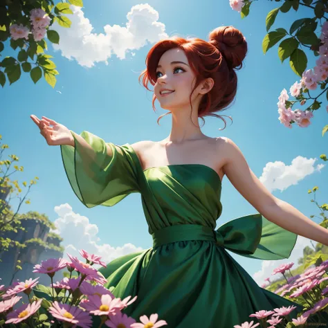 Create a Disney-style brunette princess with a green silk dress. red hair, with bright bun, small bow, full body illustration.Looking up. With many flowers in her hands. Turn it into a Disney - Pixar style cartoon illustration. Light blue background with n...