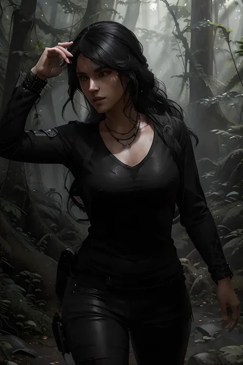 luscious flowing wavy black hair (masterpiece, best quality:1.3) UnchartedChloeFrazer, 1girl, solo, explorer, adventure, forest, badass, awesome, cool, epic, black long sleeve top, photorealistic, detailed, high quality, Photorealism, CGSociety, by WLOP, A...