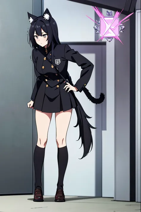 1 woman, black and white multi colored hair, cat ears, cat tail, rpg video game styled tunic, box pleat skirt, black school thigh-highs, loafers, pushing back hair, adjusting foot in shoe, school background, full body portrait.