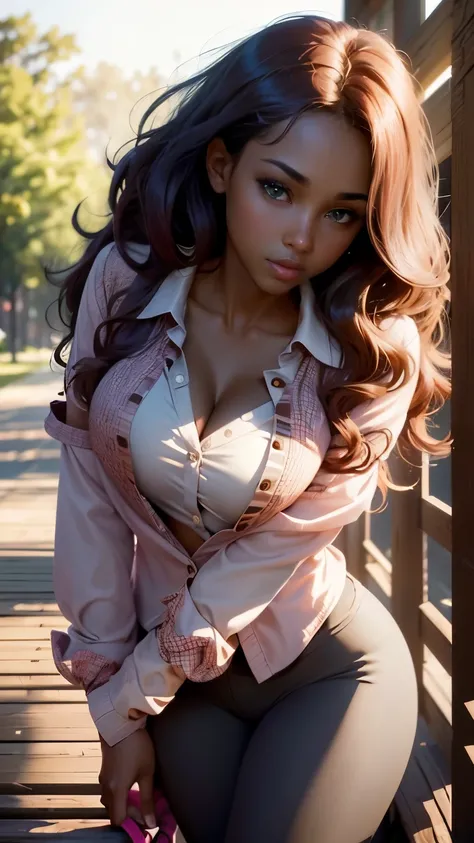 1girl, masterpiece, high resolution, extreme detail,  nvidia rtx, 8k, hdr, beautiful 20 year old with dark skin, dark skin, auburn hair , wavy hair, cheeks blushing, very dark lipstick, sweater, ((blouse:1.5)), ((unbuttoned:1.5)), bra, scarf, ((leggings:1....