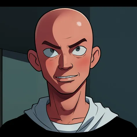 anime style, arafed teenager with bald hair and black shirt looking at camera, bald kid, hairless, no hair completely bald, bald...