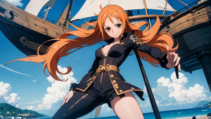 generate style anime nami onepiece unique piece, single piece, com cabelos longos laranjados e amarrados, olhos perfeitos e detalhados, seios grandes e decotados, beautiful open legs wearing black boots standing on pirate ship. The image features a high de...